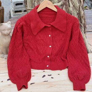 Red Cable Knit Cardigan Vintage Collar